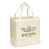 A natural look tote bag in cream with two handles and a logo on one side.
