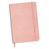 A pink notebook with a foil-printed design and an elastic band closure. It features a branding logo on the cover.