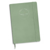 A green foil-printed notebook with a logo and an elastic closure, suitable for office and business use.