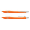 An orange plastic pen with silver accents and a sleek design, featuring a clip and decorative rings.