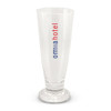 A clear beer glass with a tall, slender design and a base, featuring a logo in red and blue.