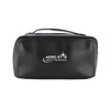 A black toiletry bag with a zip closure and a handle, featuring a logo on the front.