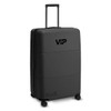 A large black suitcase with a retractable handle and wheels, featuring a logo on the front.