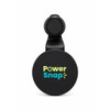 A black car phone holder with a round design and a branding logo in blue and green text.