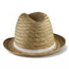 A Panama straw hat in a natural tan colour with a white band around the base. It features a classic, woven design.