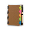 A brown spiral notebook with a colour-coded sticky note section and a black pen attached.