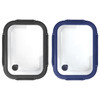 A set of two rectangular glass lunch boxes with black and navy blue silicone lids. They include locking clips.