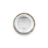 A clear can filled with assorted jelly beans in vibrant colours, featuring a textured silver lid.