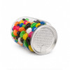 A clear can filled with assorted jelly beans in vibrant colours, including black, white, pink, green, and yellow.