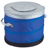 A round top opening cooler bag in blue and silver, featuring handles for easy transport. It has a logo on the front.