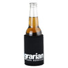 A black stubby holder featuring a logo, designed to fit a standard drink bottle.