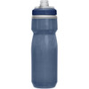 A drink bottle in a dark blue hue with a clear body, featuring a lid and a built-in straw.