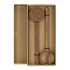 Two wooden salad servers, one rounded and one forked, displayed in a rectangular box. The wood has a natural finish.