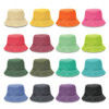 A variety of Bondi Washed Bucket Hats in multiple colours, featuring a logo on each hat.