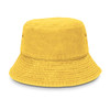 A yellow bucket hat with a wide brim and textured fabric, featuring side ventilation holes.