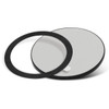 A round magnetic badge in grey with a black outer ring and backing, featuring a logo.
