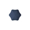 A navy blue umbrella with a unique star-shaped design, featuring a central opening and a logo.