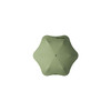 A green umbrella with a unique star-shaped design, featuring a central handle and a subtle branding logo.