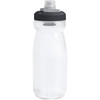 A drink bottle in clear plastic with a black cap and spout, featuring a branding logo.
