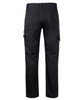 Black cargo pants featuring multiple pockets and a logo on the back. 