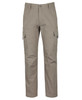 Khaki cargo pants featuring multiple pockets and a subtle logo. Made from stretch canvas material.