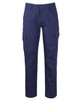 Navy blue cargo pants with multiple pockets and a fitted design, featuring a branding logo.