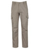 Light brown cargo pants featuring multiple pockets and a fitted design. Includes a logo on the waistband.