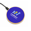 A circular wireless charger with a wooden base and a blue top featuring a logo.