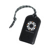 A black luggage tag with a textured finish and a cord, featuring a logo on the front.