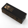 A black box with a textured design and a logo, featuring warning labels and a handle.