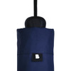 A navy blue umbrella set with a black handle, featuring a branding label on the cover.