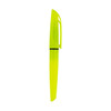 A highlighter pen in bright yellow, featuring a sleek design and a clip for easy attachment. It has a logo displayed.
