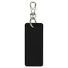 A black rectangle keychain with a metallic clip and ring, featuring a smooth finish and stitching details.