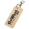 A beige rectangular keychain with a metal clip and a branding logo.