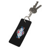 A black rectangle keychain attached to a set of keys, featuring a logo with vibrant colours.