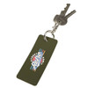 A rectangular olive green keychain with a logo, attached to several keys.