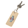 A rectangular keychain in beige with a logo, holding several keys.