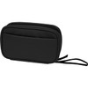 A black recycled tech pouch with two zippered compartments and a handle for easy carrying.