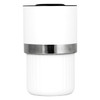 A wine cooler with an insulated white body and a stainless steel band. It features a sleek, modern design.