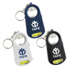 A drink bottle opener key ring in navy, white, and black, featuring a logo and a built-in torch.