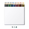 A box of 12 colouring pencils in various colours, featuring a simple design and a logo on the packaging.