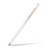 A white carpenter's pencil with a black tip and a logo printed on its side.