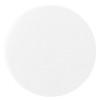 A round, white makeup mirror with a sleek design. It features a reflective surface and has a logo.