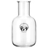 A glass carafe with a round body and a narrow neck, featuring a logo. Clear in colour.