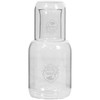 A glass carafe and cup set, featuring clear glass with a smooth design and a branded logo.