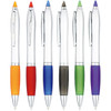 A collection of six stylus pens with various coloured grips: orange, red, blue, grey, green, and purple. Each has a silver body and branding.