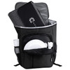 A grey picnic backpack with a thermal compartment, containing a blanket, plates, cutlery, and drink bottles.