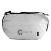 A grey cooler bag with a shoulder strap and an embroidered logo on the front.