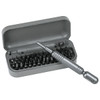 A grey pocket screwdriver tool set with a variety of bits inside a compact case. Includes a screwdriver handle.