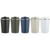 A drink bottle collection featuring five double wall vacuum tumblers in black, olive green, navy, beige, and white, each with a lid.
